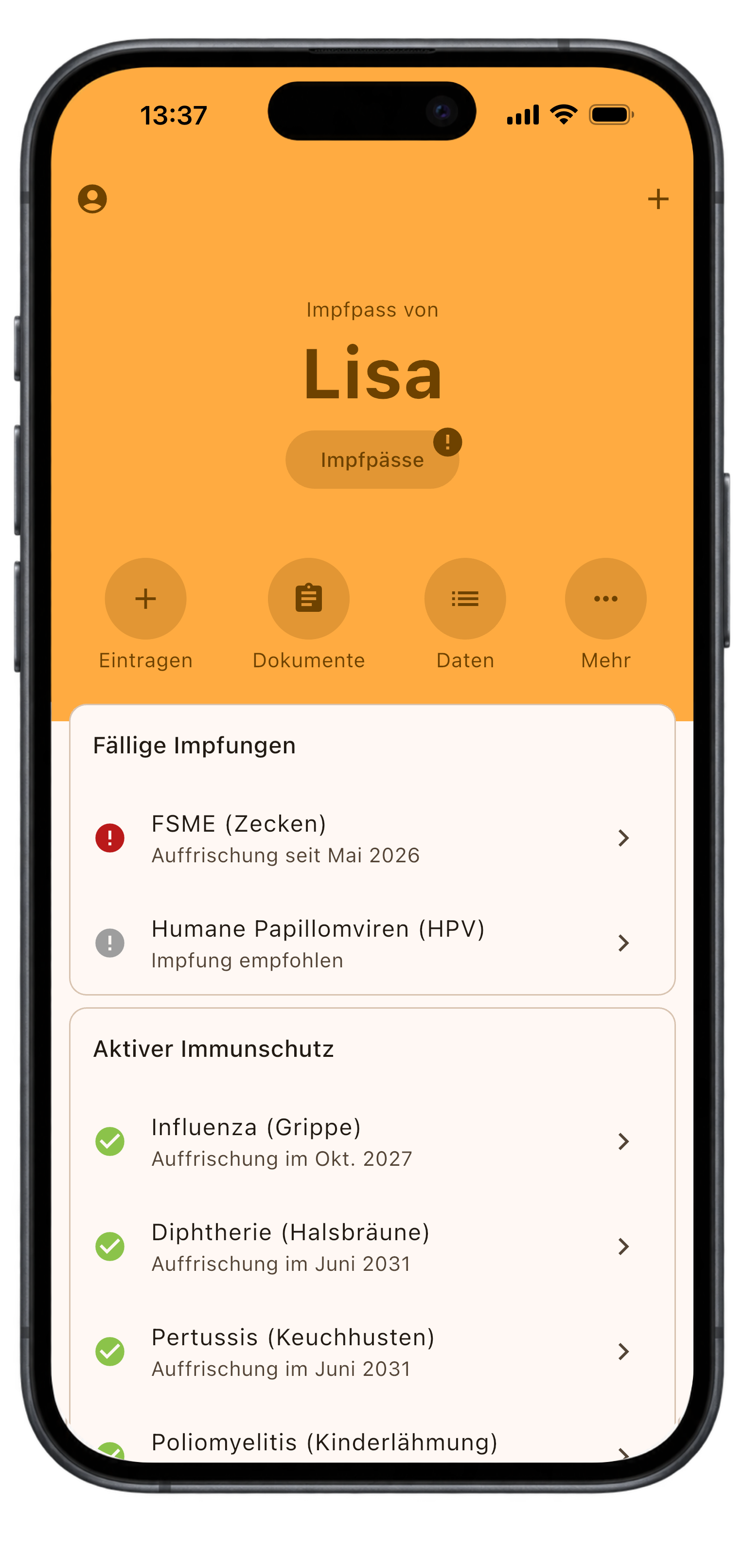 iPhone-App: Lisas Impfpass mit fälligen Impfungen und aktivem Immunschutz