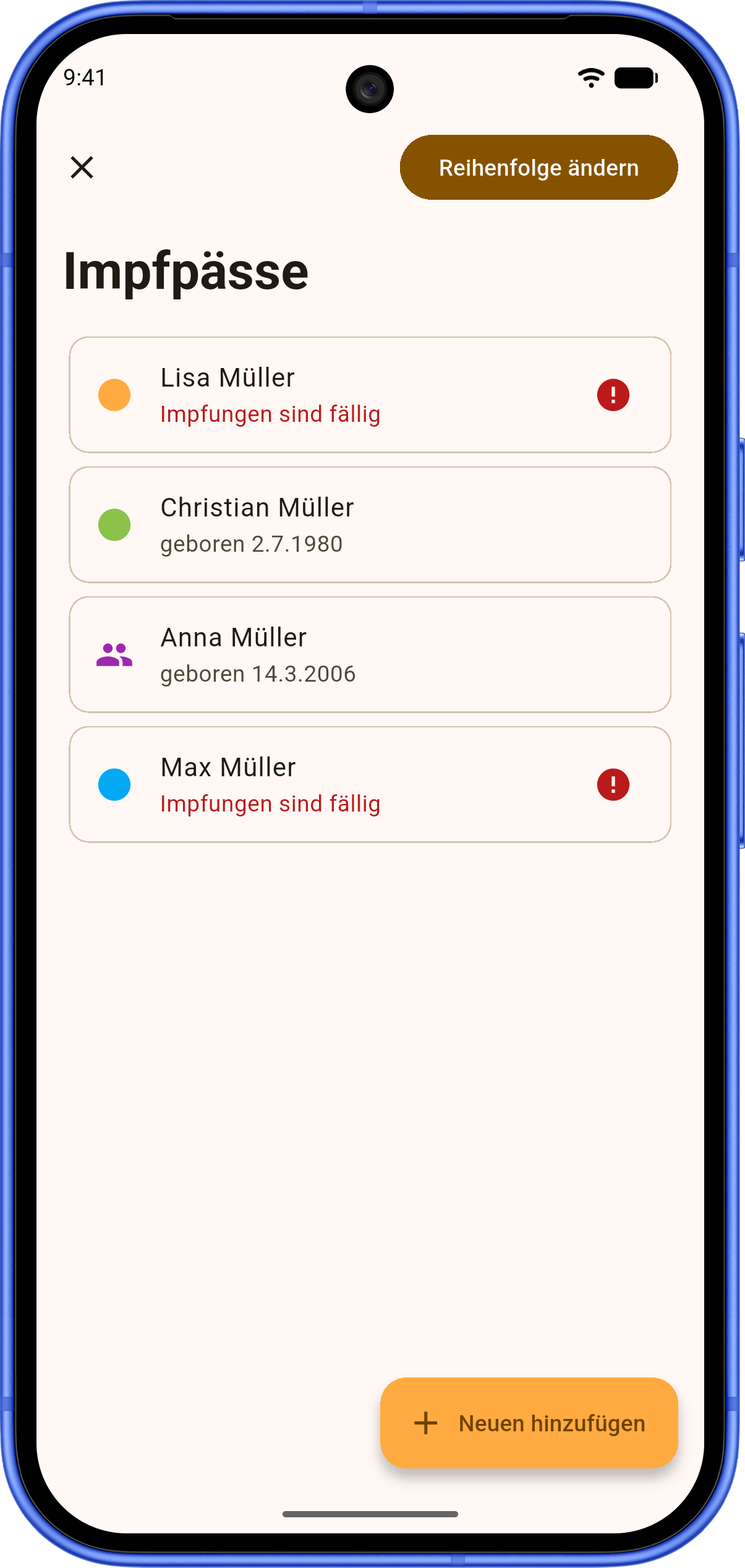 Android-App: Übersicht der Impfpässe für die ganze Familie.